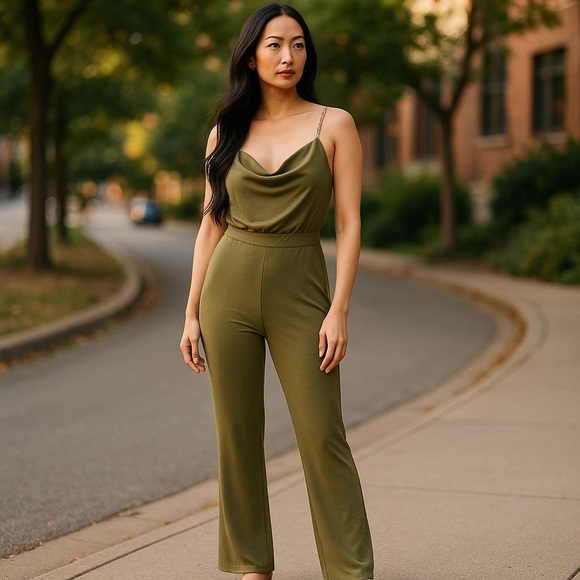 Jason Wu Green Gold Cowl Neck Flare Leg Jumpsuit - Picture 1 of 4